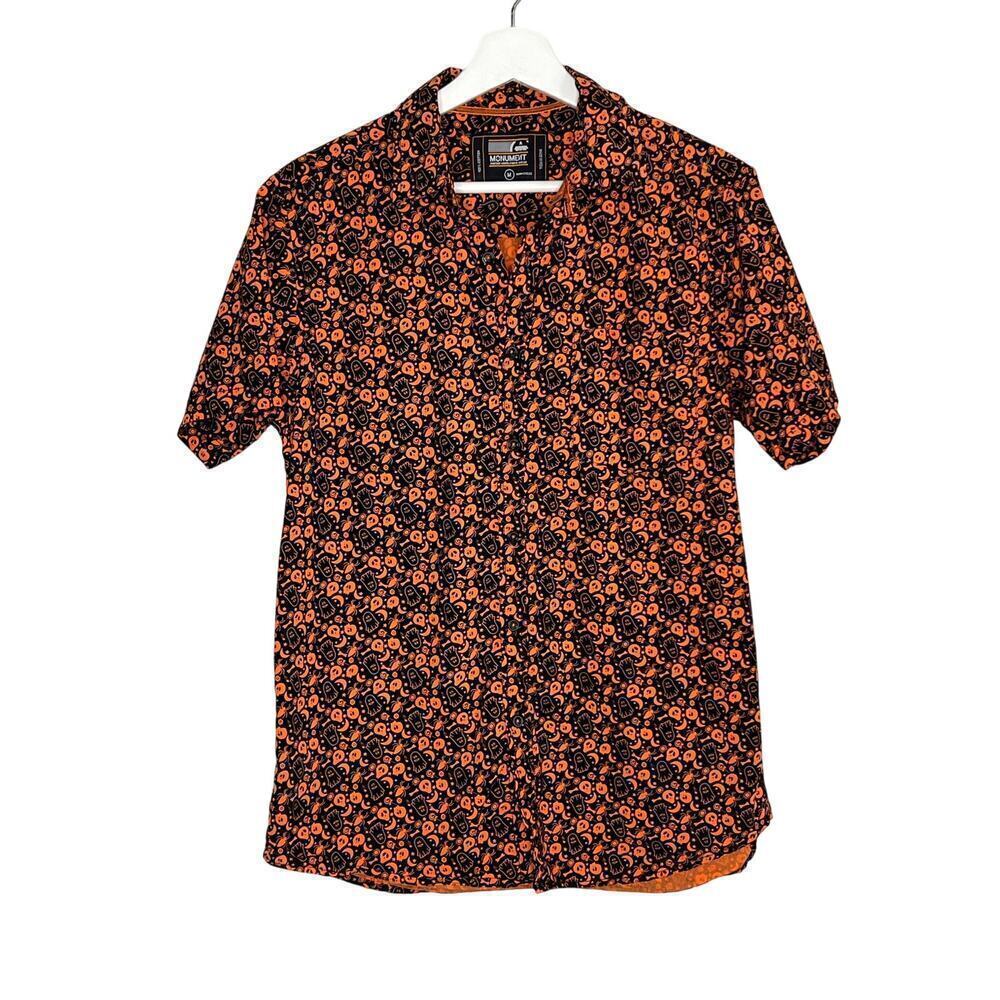 Monument 100% Cotton Halloween Short Sleeve Button-Up Shirt Black/Orange Medium